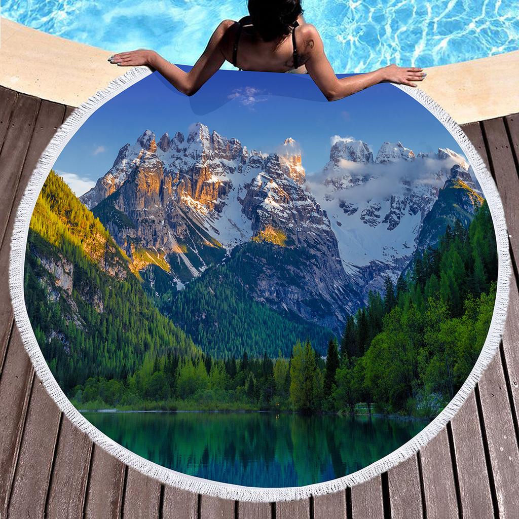 Round Beach Towel,Beautiful Landscape Printing Polyester Sand Resistant Beach Blanket,Absorbent Quick Dry Pool Towel Picnic Mat