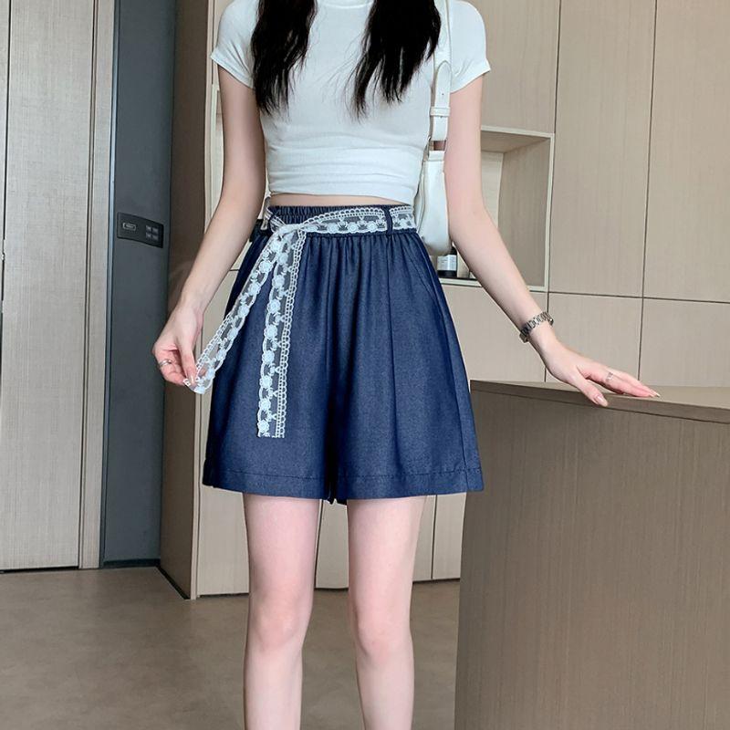 

K-стиль Летнее Новое поступление Одежда для женщин больших размеров Полная девушка Свободные Кружевной пояс Лиоцелл Джинсовые шорты Горячие шорты Трендовые M-4XL Dark Blue XL