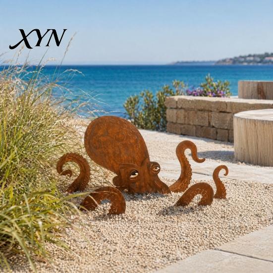 Octopus Garden Ornament Rust Patina Giant Squid Sculpture, 3D Metal Nautical Outdoor Pond Edge Decoration Statue for Patio Lawn Beach House