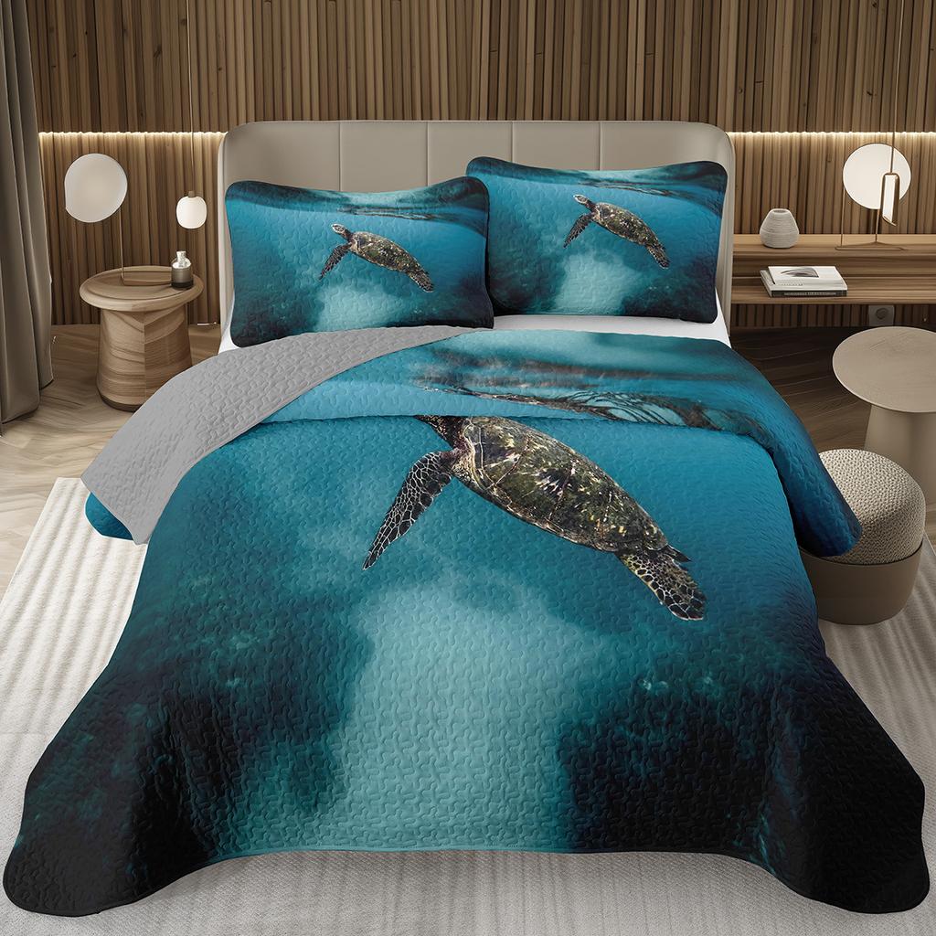 Sea Turtle Bedspread Queen Twin Underwater World Ocean Animal Coverlet Reptile Tortoise Print Quilted Bedding Set for Kids Adult
