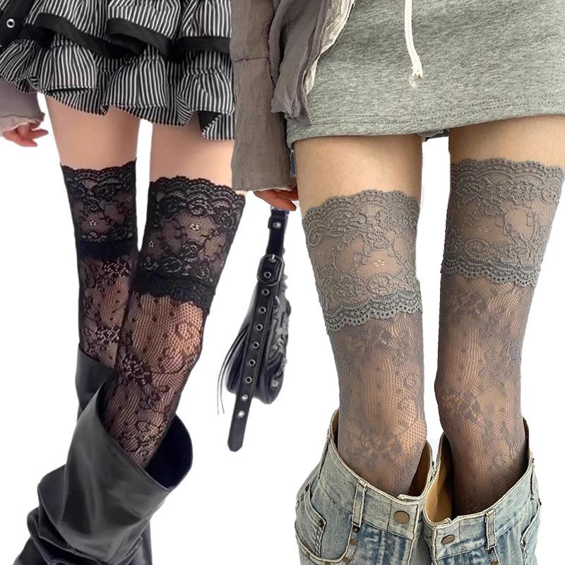 Women Sexy Lace Floral Fishnet Stockings JK Lolita Thigh High Socks Mesh Breathable Over The Knee Stockings for Ladies