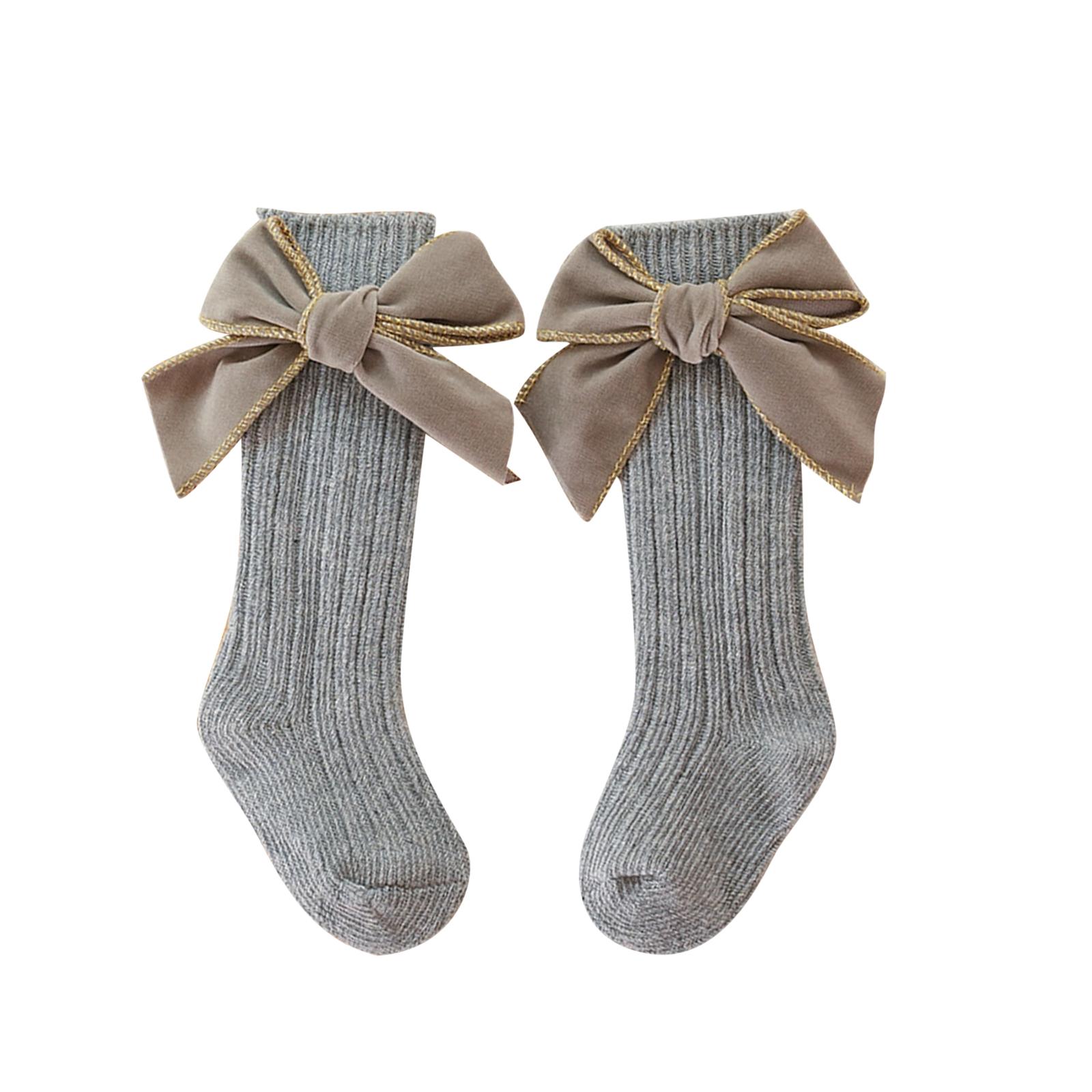 Citgeett Chaussettes Bébé Fille Douces Longues Chaussettes Bas en Coton avec Nœuds en Velours pour Bébés Tout-Petits S for 0-1 Years gray