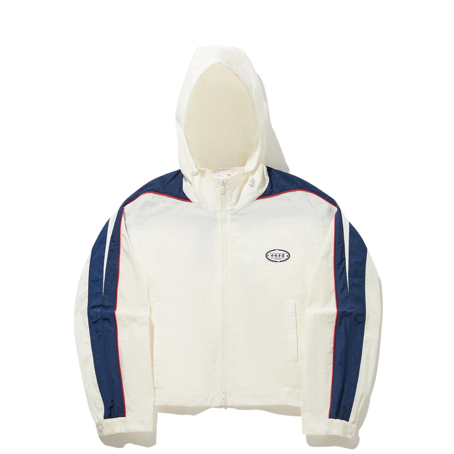 Li Ning Trench Coats Women s Ivory/Deep Whale Blue/Cherry Red Hooded Moderate AFDWE86-1 L