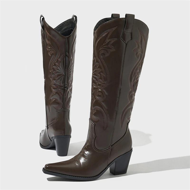Eilyken Autumn Winter Vintage Embroidery Pointed Toe Women Knee-High Boots Fashion Low Heels Shoes Long Botas De Mujer