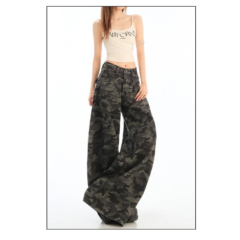 High street workwear wide-leg denim camouflage pants for women 026 new high-waisted slimming loose straight pants
