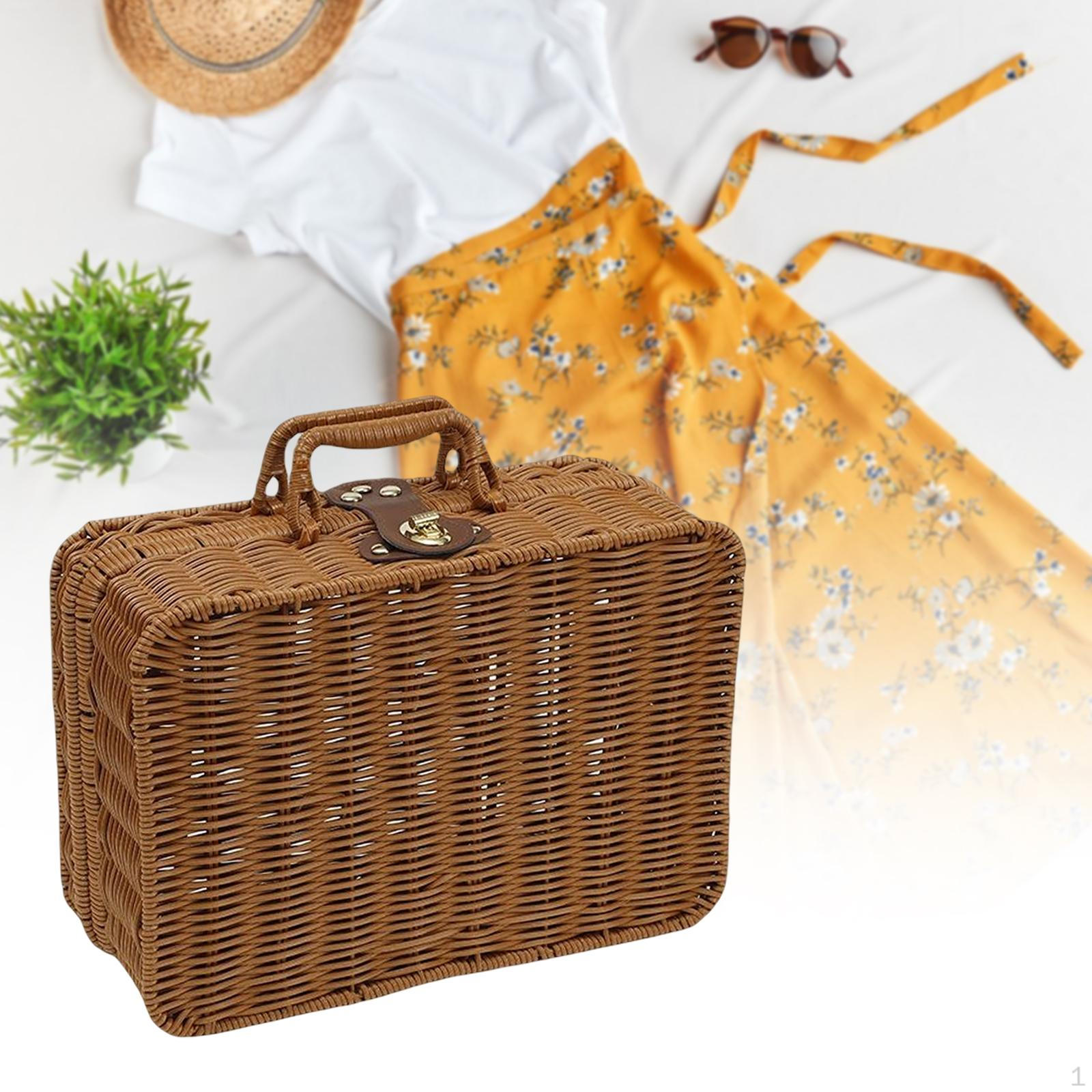 Storage Box with Handles, Vintage Rattan Woven Box, Retro Suitcase Accessories for XL