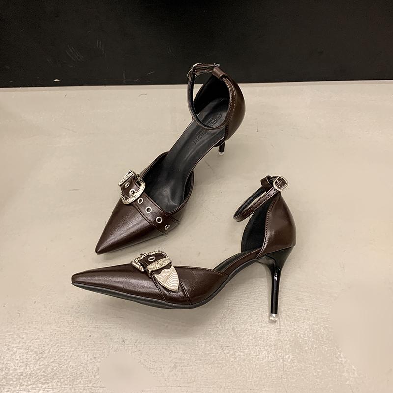New One-line Pointed Toe Stiletto Rivet High Heels Feminine Buckle Punk Style Hollow Single Shoes