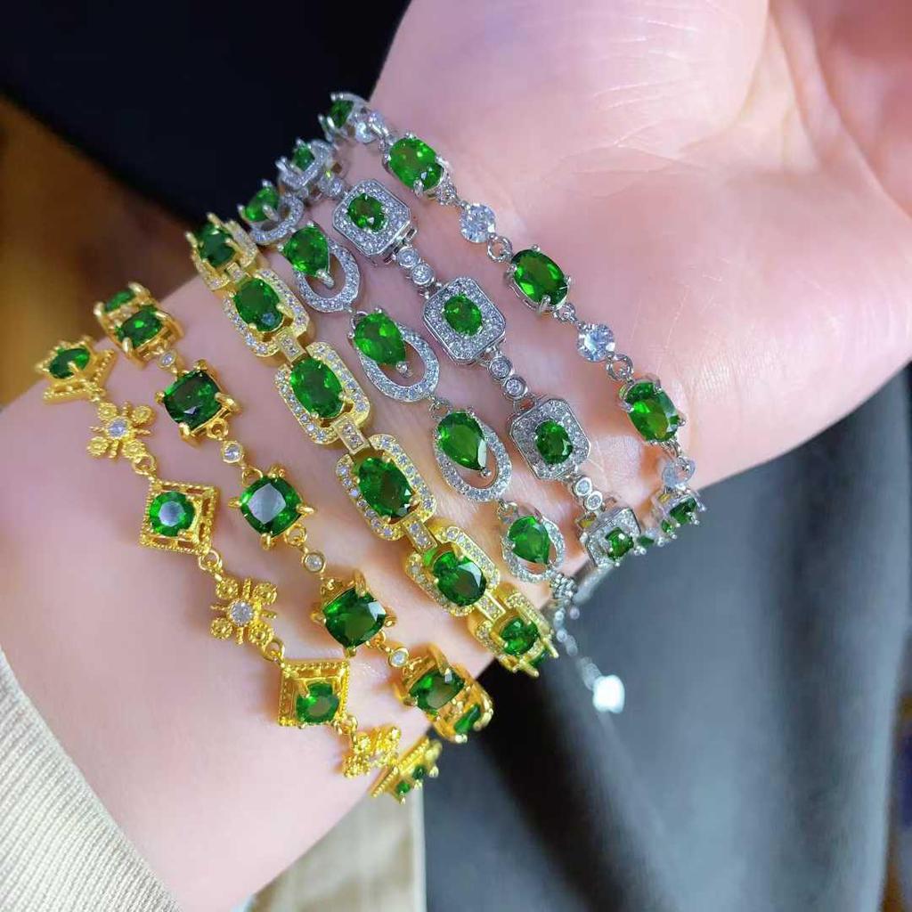 Luxusní Klasický Přírodní Diopsidový Náramek, Vykládaný Stříbrem 925, 5 mm, K dispozici v Různých Stylech