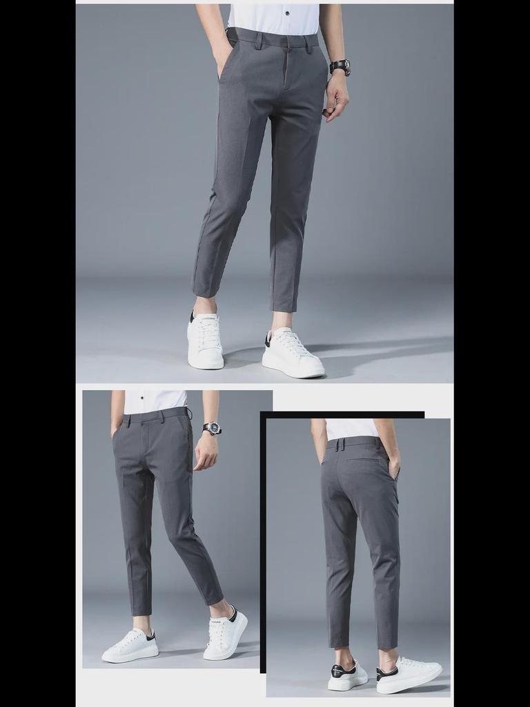 Men's Slim Straight High-Rise Casual Pants, Wrinkle-Resistant with Drape Texture, All-Season Nine-Point Suit Pants