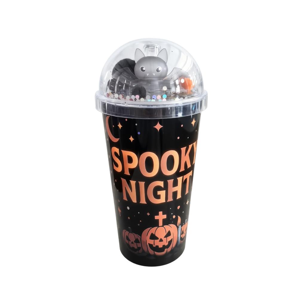 oz Single Wall Plastic Cup with Straw, Light Up Halloween Cup with Cute Doll Design