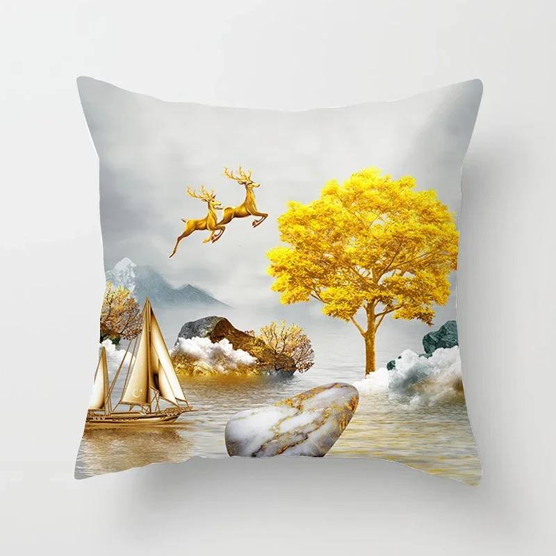 Black Gold Drawing Leaf Elk Tree Bird Butterfly Printed Square Pillowslip Polyester Cushion Cover Pillowcase Living Room Home