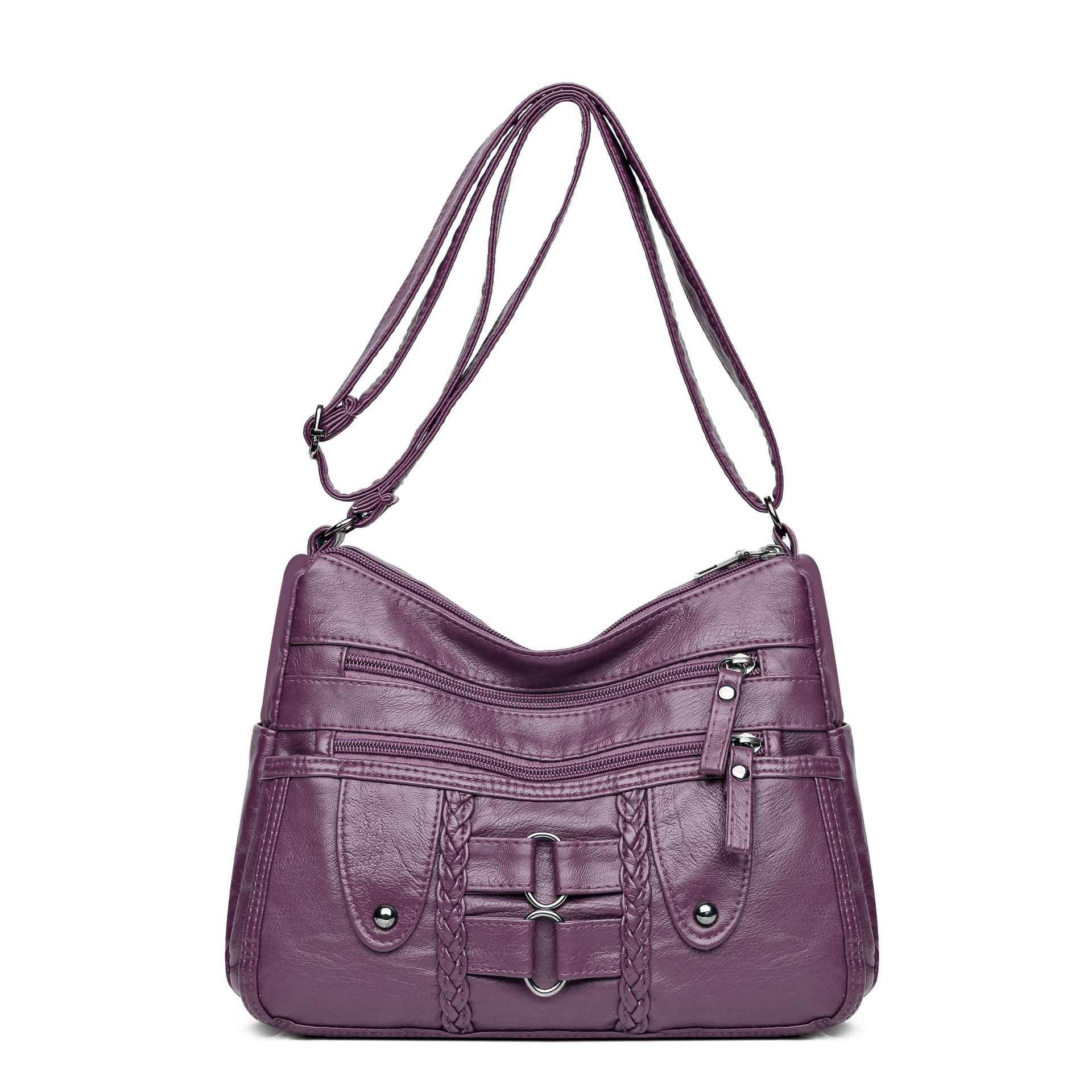 

Женская сумка через плечо из плетеной искусственной кожи, большая вместимость, сумки на молнии, модная простая дорожная сумка через плечо фиолетовый