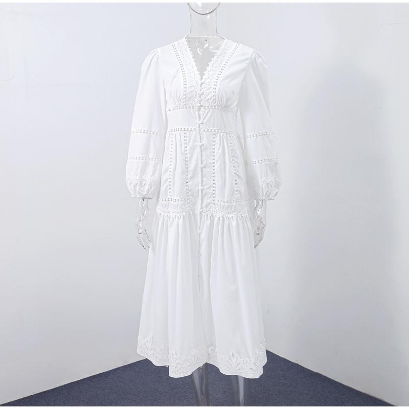 Elegant Lace Hollow Out Women's Long Dress Solid V-neck Patchwork Puff Sleeve Bodycon Dressess Female New Lady Robes