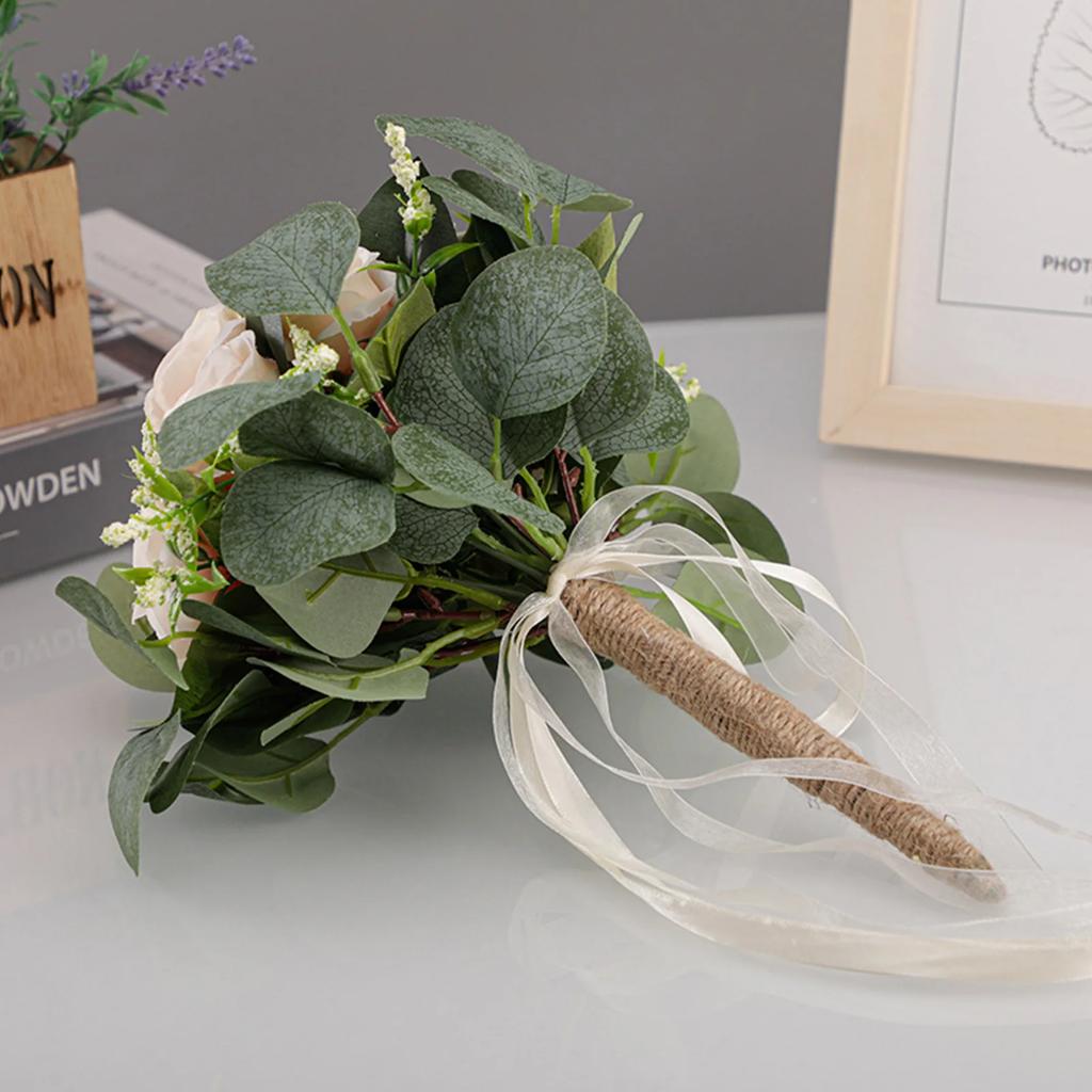 Handmade Silk Roses Bridal Bridesmaid Wedding Bouquet Pastoral Style Eucalyptus Leaves Artificial Natural Holding Flowers Party