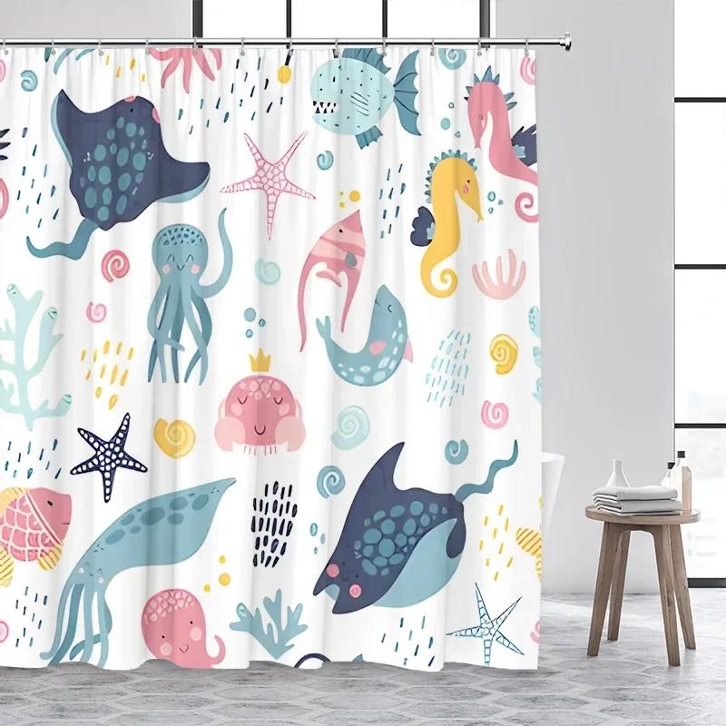 Cartoon Animals Kids Shower Curtains Cute Dogs Pet Ocean Fish Sea Turtle Whale Octopus Child Bathroom Curtain Decor With Hooks