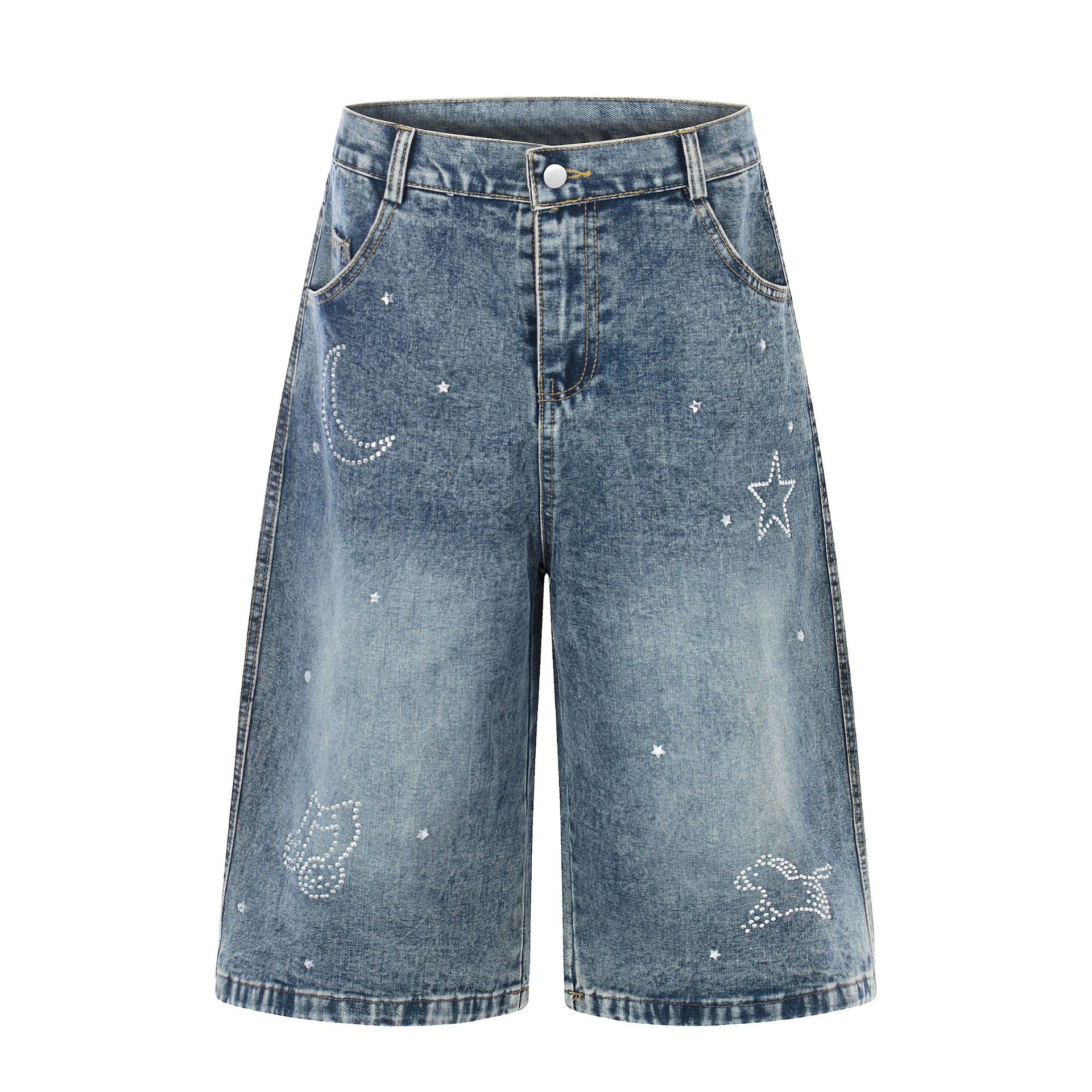 European, American, and American vintage seven-quarter pants, loose jeans, rhinestone-studded unique cleanfit five-point pants S