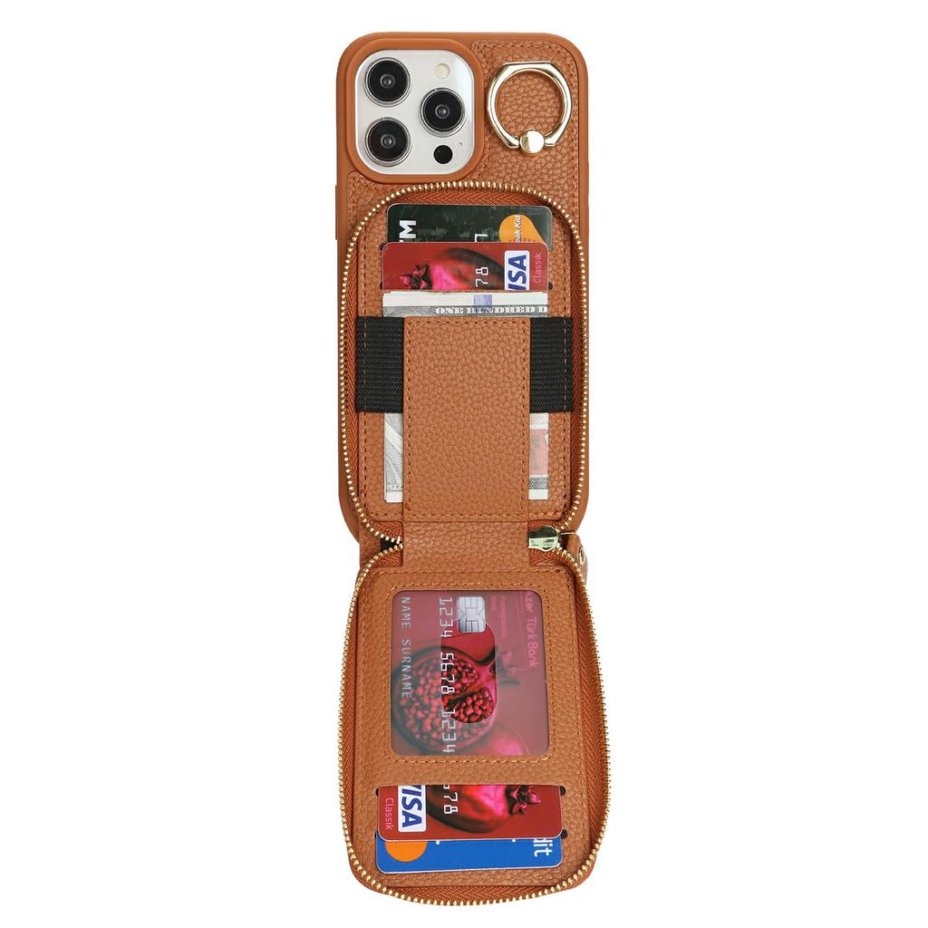 For iPhone 14 Pro Max Case with Zipper Pouch/Ring Kickstand/Strap Litchi Texture PU + TPU Phone Cover