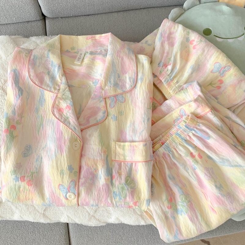 Blue Bear Women's Summer Cotton Pajama Set - Short-Sleeved, Cute Cartoon Design, Three-Piece Loungewear.