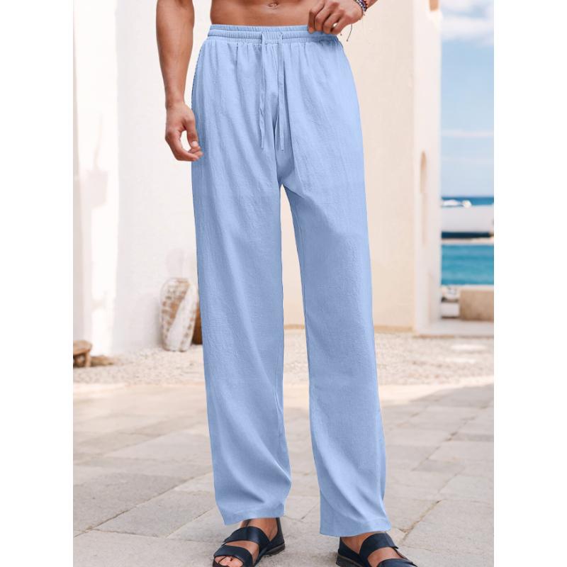 

Мужские льняные брюки Легкие на кулиске Эластичная талия Свободный крой Прямые брюки с карманами Дышащие Пляжные Йога Рабочие Льняные брюки для мужчин XXXL светло-синий