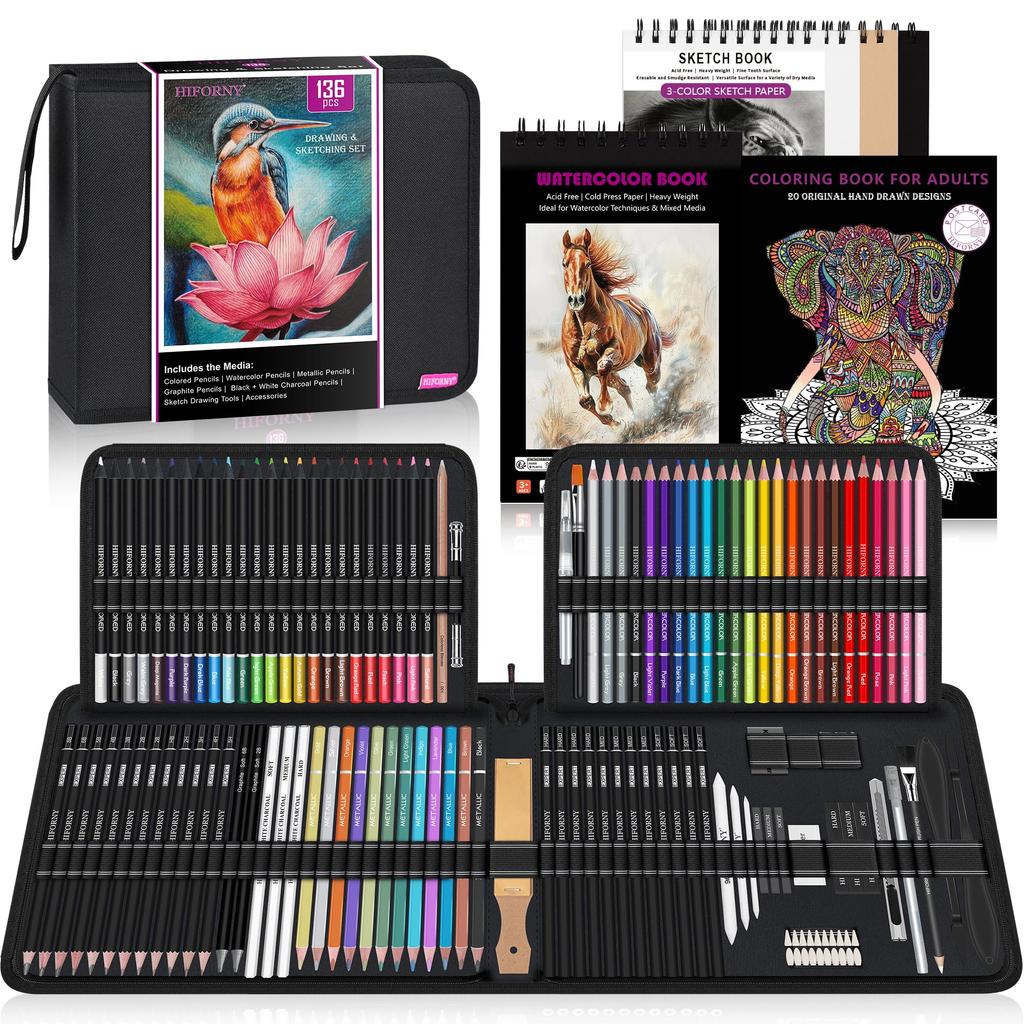 HIFORNY Drawing Sketching Professional Art and Metallic Blending Watercolor and Coloring Book In a Zippered Case & Set, 136-Piece Supplies Graphite,