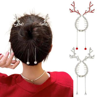 Christmas Reindeer Hairpin Shiny Rhinestone Faux Pearl Ponytail Bun Holder Women Girl