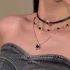 "Black Rope Sweet Heart" Multi-layered necklace Spice Girl Sweet Cool Black Rope Chain Collarbone Chain Neck Chain