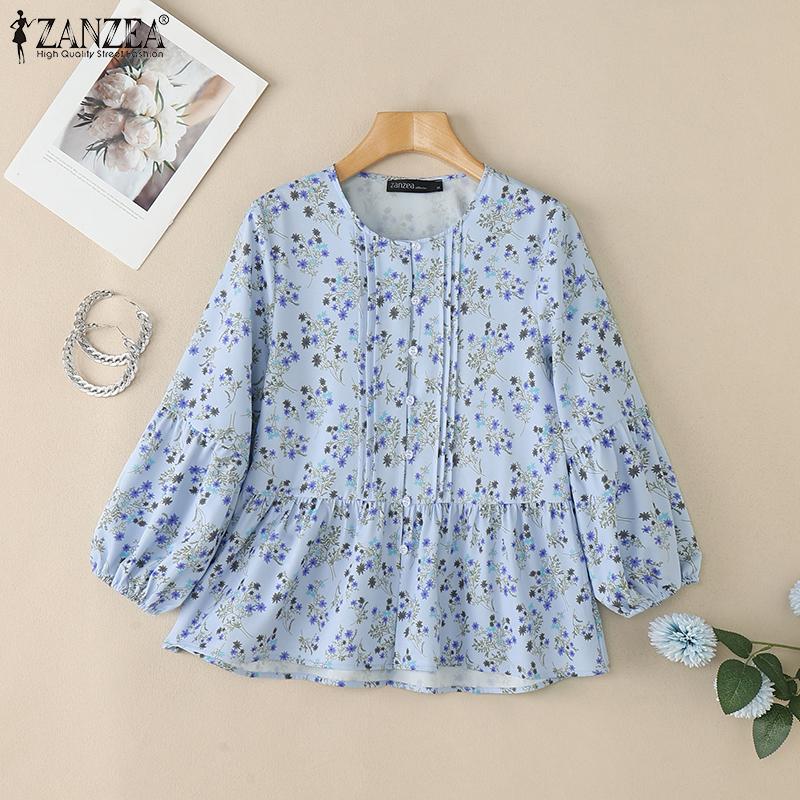 

ZANZEA Women Casual Round Neck Loose 3/4 Sleeve Floral Print Blouse 5XL синій
