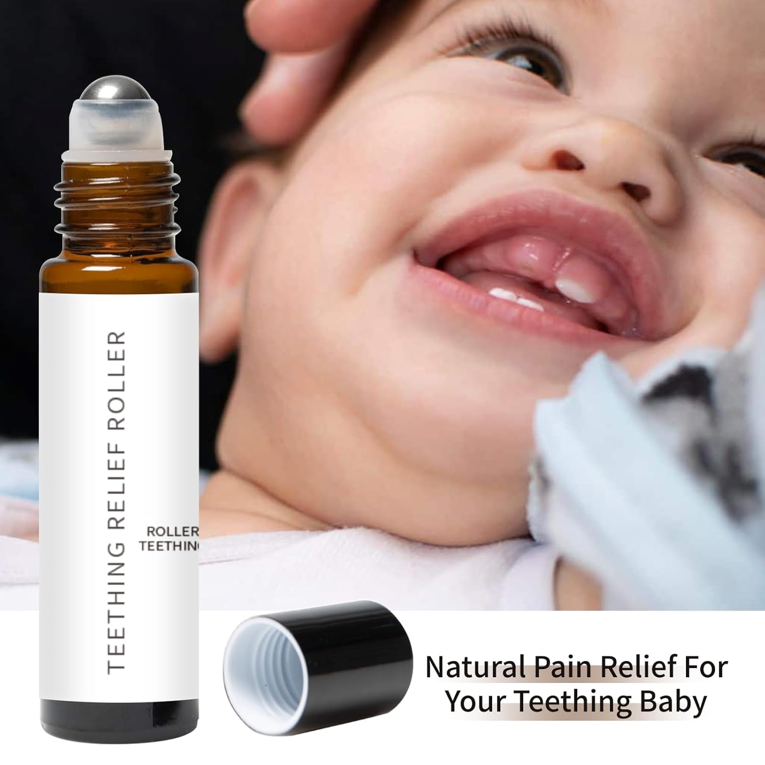 Teething Roller All Natural for Babies, Natural Gum Relief with Chamomile & Rose Oil, Gentle Massage Applicator for Soothing Infant Teething Pain,