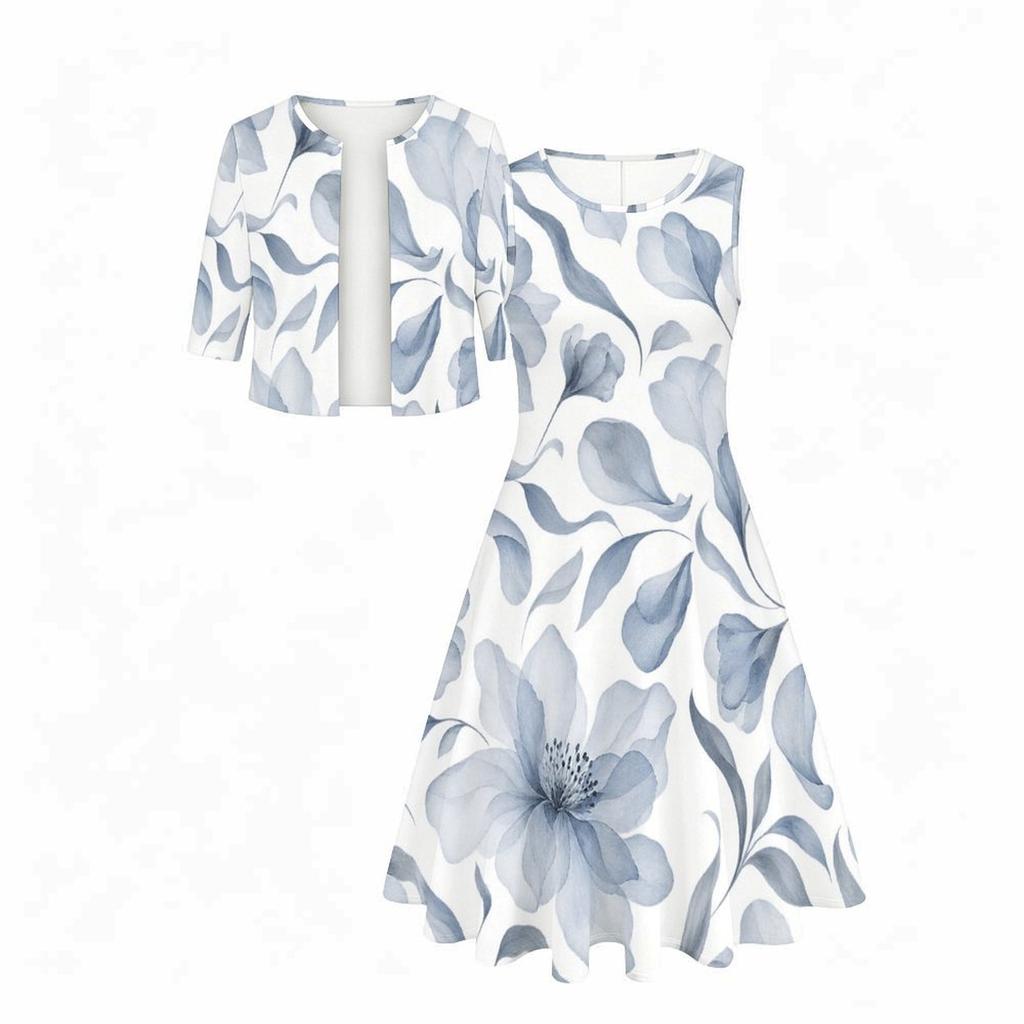 Women Plus Size Two Piece Set Round Neck Sleeveless Flared Dress Mid Sleeve Cropped Cardigan Blue White Floral Printed
