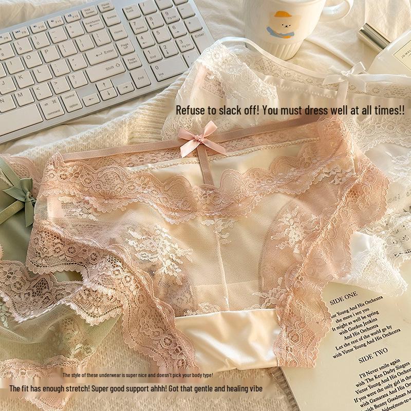 French Lace Satin Low-Waist Sexy Panties for Women with Cotton Crotch, Breathable and Stylish Design