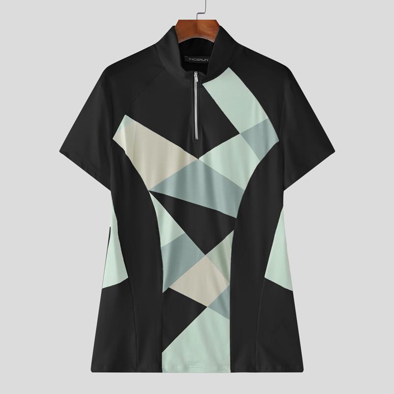 

INCERUN Men Stand Collar Short Sleeve Zip-up Geometric Print Stitching Casual Fitted T-shirts 4XL чёрный