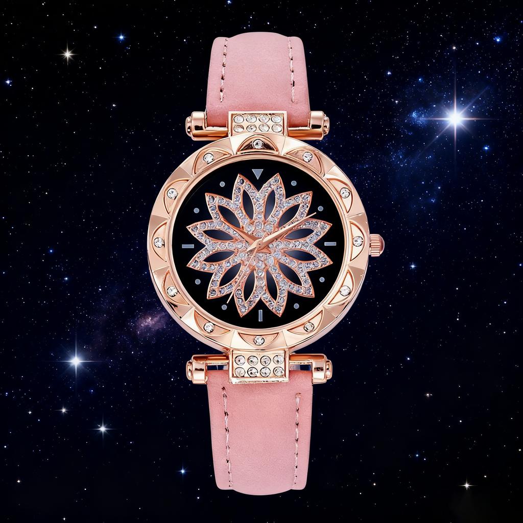 Fashion Flower Diamond Round Dial Leather Strap Women's Quartz Watch Set of 5 for Christmas and Thanksgiving Gifts