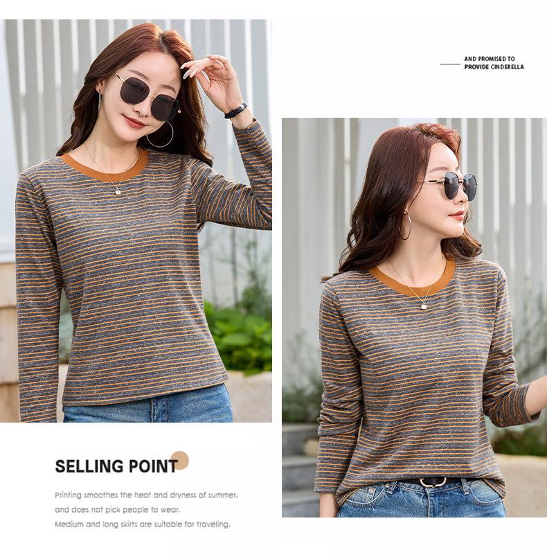 Women's Plus Size Striped Color Block Crew Neck Long Sleeve T-Shirt – Slimming, Versatile Autumn Base Layer Top