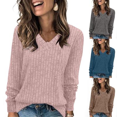 Women's Fashion Loose V-Neck T-Shirt Solid Colour Long Sleeve Pullover Top