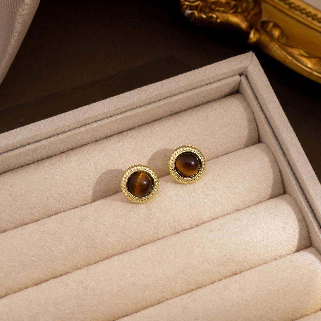 Silver Needle Tiger Eye & Rhinestone Round Geometric Earrings - Japanese & Korean Retro Style for Autumn/Winter