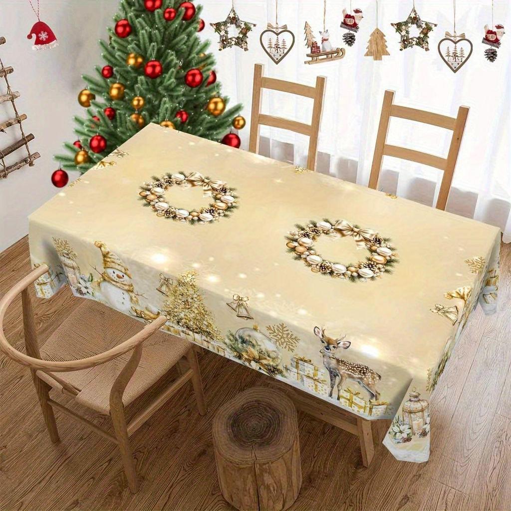 Christmas Tablecloth Digital Print - Winter Snowman Reindeer Xmas Tree Dining Table Festival Decor Table Cover