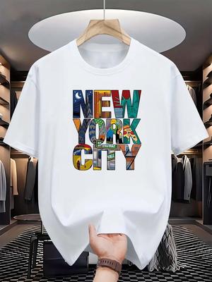 Men's Casual Loose 100% Cotton Summer Short Sleeve T-Shirt,New York Skyline Pattern Print,achine Washable Crew Neck Top
