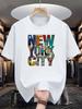 Men's Casual Loose 100% Cotton Summer Short Sleeve T-Shirt,New York Skyline Pattern Print,achine Washable Crew Neck Top