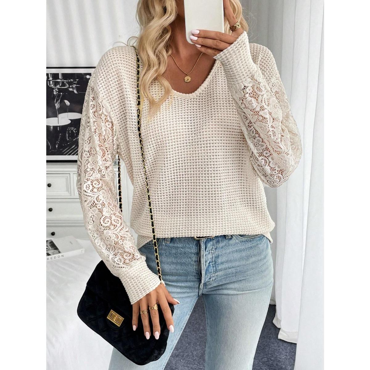 Women s V Neck Long Dolman Sleeve Top Loose Fit Elegant Solid Lace Patchwork Waffle Knit Blouse Tee S абрикосовый