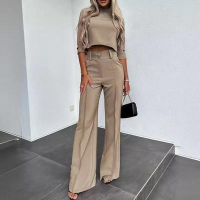 Women's Khaki Short Sleeve Crop Top and High Waist Wide Leg Pants Set