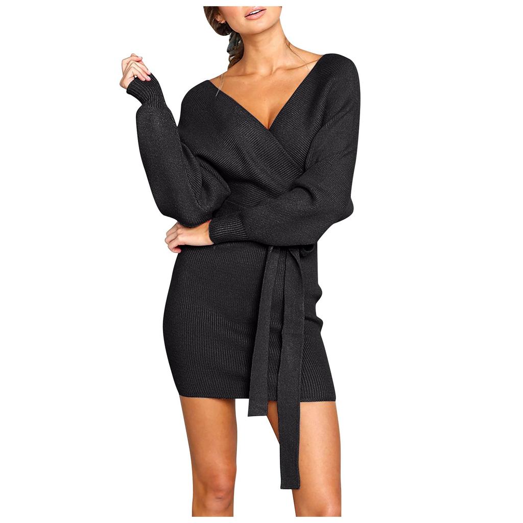 Women's Fashion Knitted Long Sleeve V-Neck Sexy Hip Wrap Warm Sweater Dress