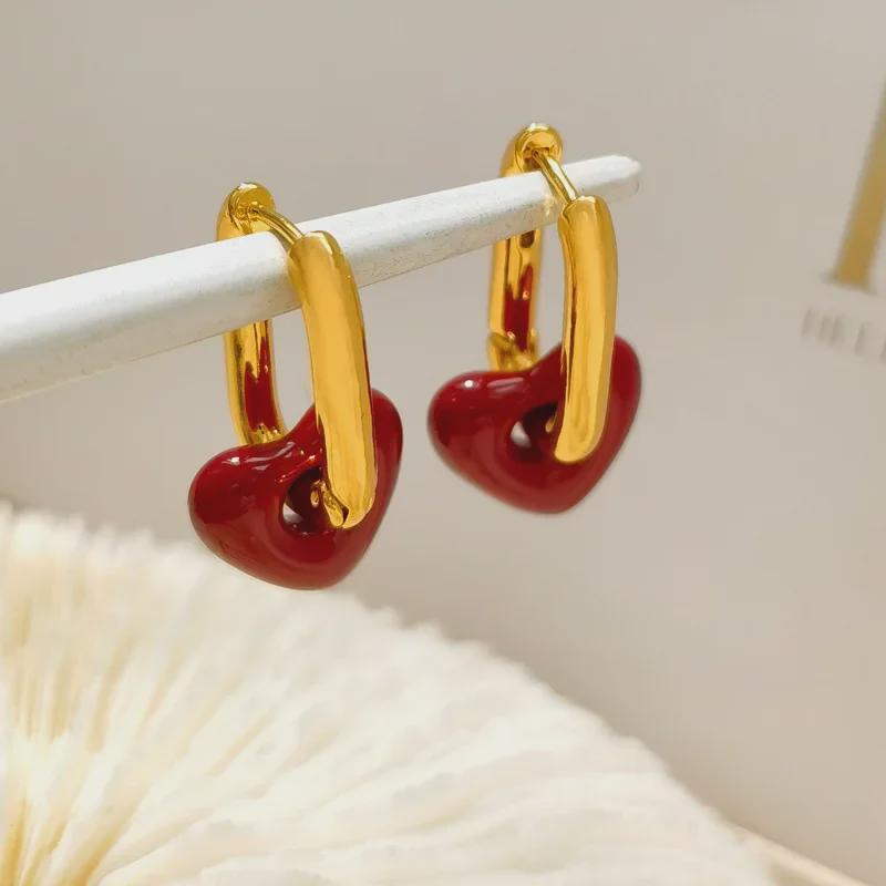 High-Grade Wine Red Heart Necklace & Earrings - Copper Plated, Real Gold, Simple Hong Kong Style Clavicle Chain