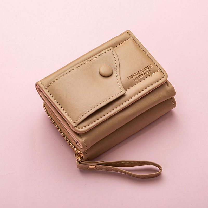 

Женский кошелек тройного сложения, короткий кошелек с застежкой, женский милый однотонный маленький кошелек для монет и карт, клатч, новые женские кошельки света кофе