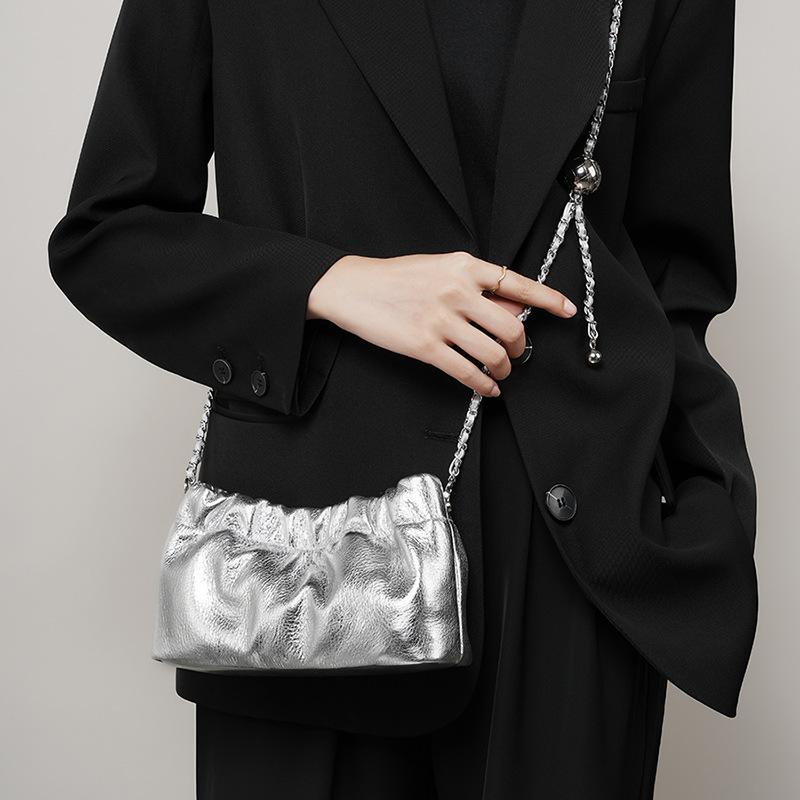 Genuine Leather Bag 2023 Popular Chain Armpit Bag Women's Cloud Pleated Bag Women's Bag Cowhide One-shoulder Crossbody Bag Gold Ball Chain