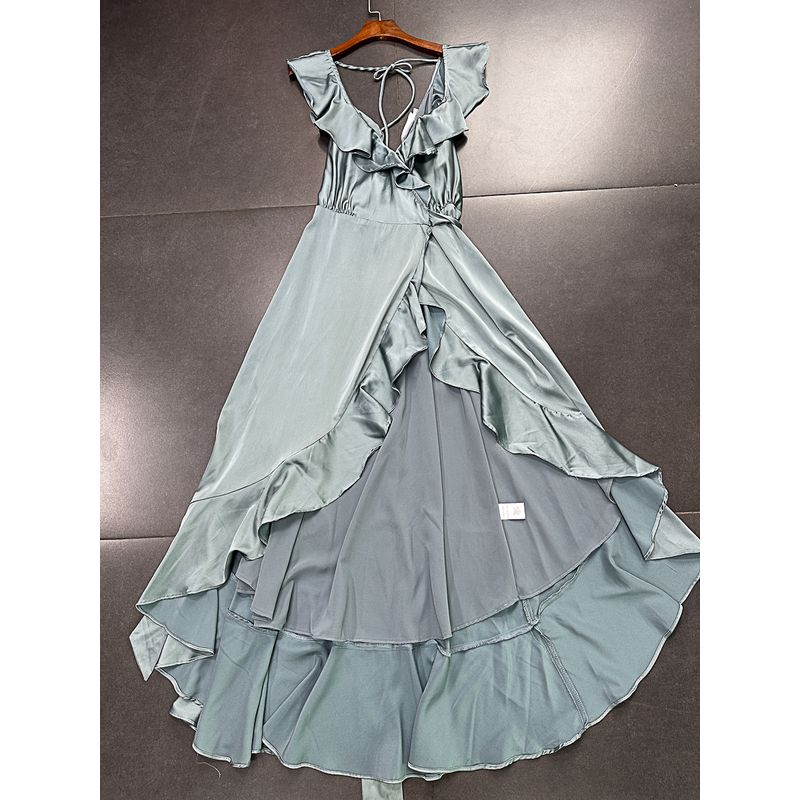 

AST Original Single Ruffles One Piece Front and Back V-neck Sexy Classy Imitation Acetic Acid Slip Material Long Dress Dress Fog Blue M