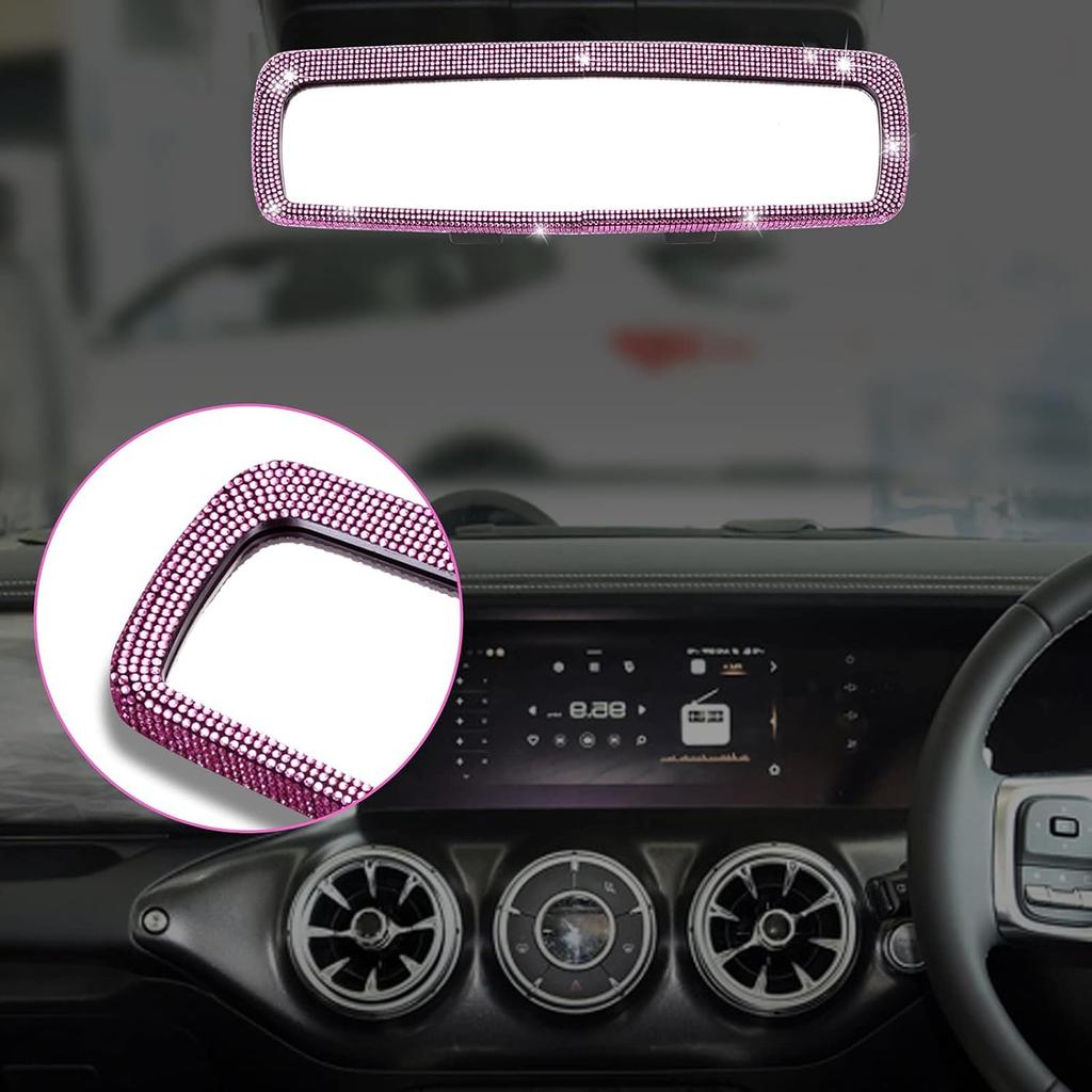 Bling Rhinestone Car Rear View Mirror with Crystal Diamonds Bling Rhinestones for Women,Car Interior Trim (Pink)