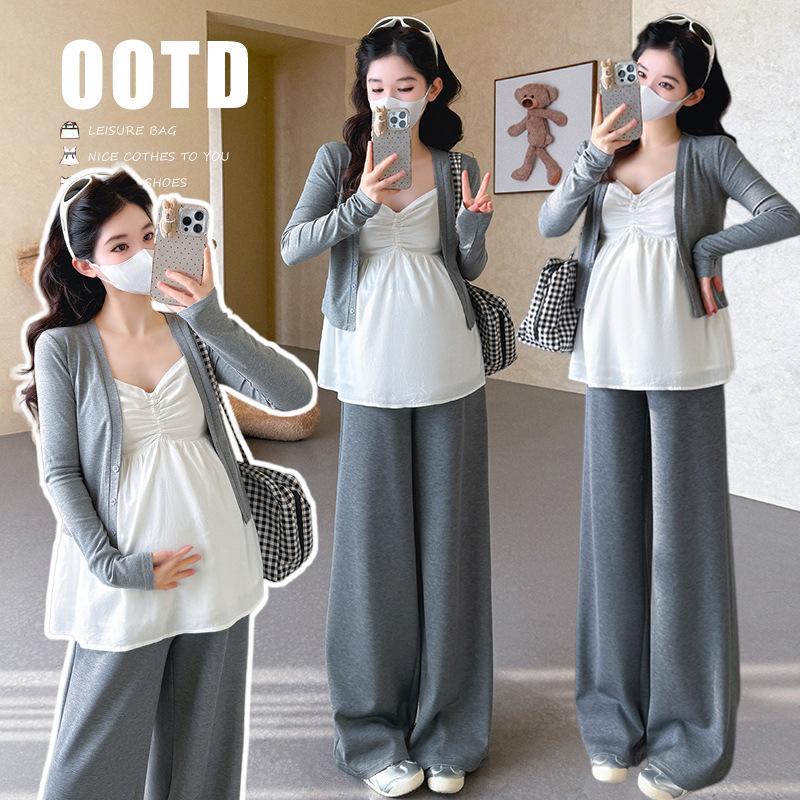 2026 Spring French Maternity Three-Piece Set: Long-Sleeved Cardigan, Camisole, & Wide-Leg Pants M
