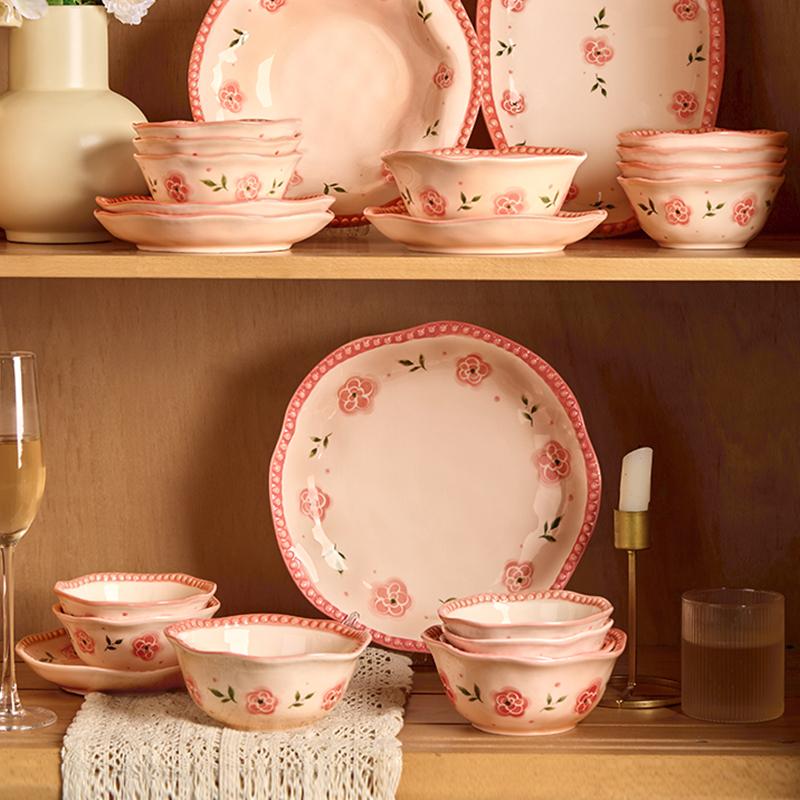 Household 7~9 Inch Ceramic Plates French Style Vintage Floral Pattern Wedding Tableware Aesthetic Underglazed Colour Dinner Dish