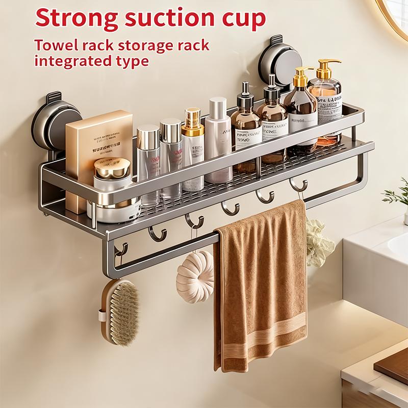 No-Drilling Suction cup Multifunctional Aluminum Bathroom Shelf Suction Cup Wall Mounted Rack for Toilet Storage Shampoo Holding