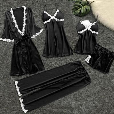 5 Pcs Women's Fashion Pajamas Sets Silk Lace Lingerie Bathrobes Suits Homewear Sleepwear Suits